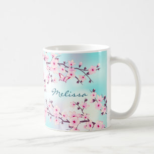 Tasse à monogramme turquoise rose à fleurs de ceri