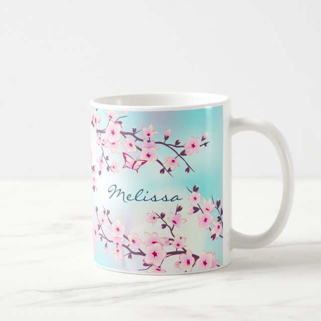 Tasse à monogramme turquoise rose à fleurs de ceri (Droite)