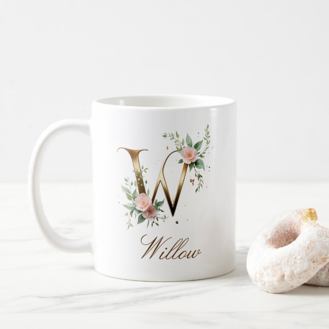 Tasse à monogramme W élégante en or et fleurs (Avec donut)