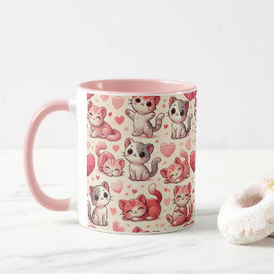 Tasse à motif chat mignon et cœurs - Rose et rouge