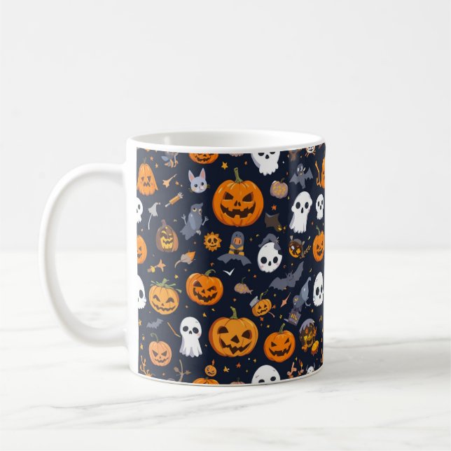 Tasse à motif fantôme et citrouille sur fond noir  (Gauche)