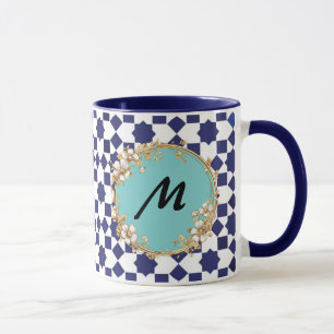 Tasse à motif géométrique bleu avec cercle floral