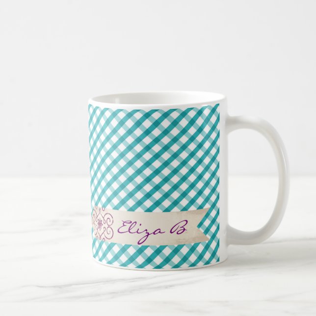 Tasse à motif gingham bleu blanc Monogramme (Droite)