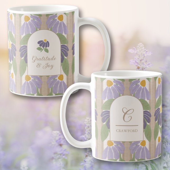 Tasse à rayures florales monogrammées – Cadeau per (Monogrammed Purple Bloom Striped Mug with Custom Inspirational Quote)