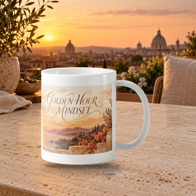 Tasse à script de mentalité de l'heure dorée (Golden Hour Mindset Script Mug — refined lighting and contact shadows. Digital lifestyle preview.)