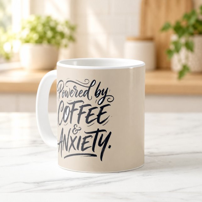 Tasse à script drôle alimentée par le café et l'an (Powered by Coffee and Anxiety Funny Script Mug — digital mockup.)