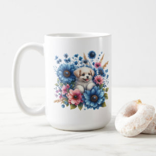 Tasse Amour de Chiots et Fleurs Colorées