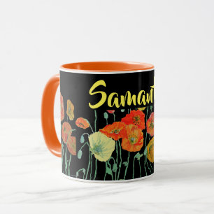 Tasse aquarelle Coquelicots orange et noir