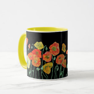 Tasse aquarelle coquelicots orange et noir
