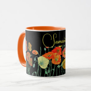 Tasse aquarelle de coquelicots orange et noir