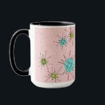 Tasse atomique iconique rose de Starbursts<br><div class="desc">Ce motif atomique iconique rose de tasse de Starbursts comporte les starbursts atomiques iconiques. C'est exact ! La vieille école, la première Madame Pink a coloré l'arrière - plan avec des taches d'or est le contexte parfait pour la turquoise vibrante, le céleri calmant, et les cercles colorés de vert kitschy...</div>