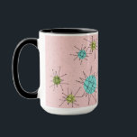 Tasse atomique iconique rose de Starbursts<br><div class="desc">Ce motif atomique iconique rose de tasse de Starbursts comporte les starbursts atomiques iconiques. C'est exact ! La vieille école, la première Madame Pink a coloré l'arrière - plan avec des taches d'or est le contexte parfait pour la turquoise vibrante, le céleri calmant, et les cercles colorés de vert kitschy...</div>