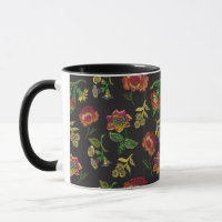 tasse avec broderie - fleurs sur fond noir