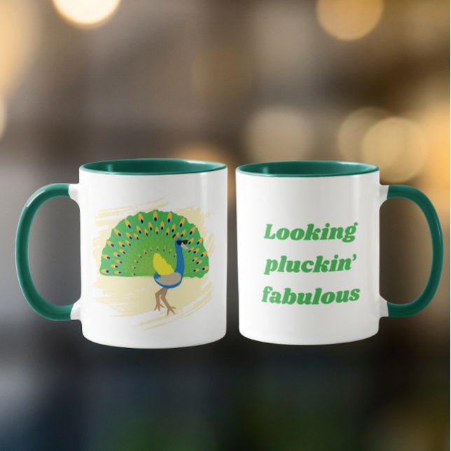 Tasse avec design de paon glamour et jeu de mots (Créateur téléchargé)
