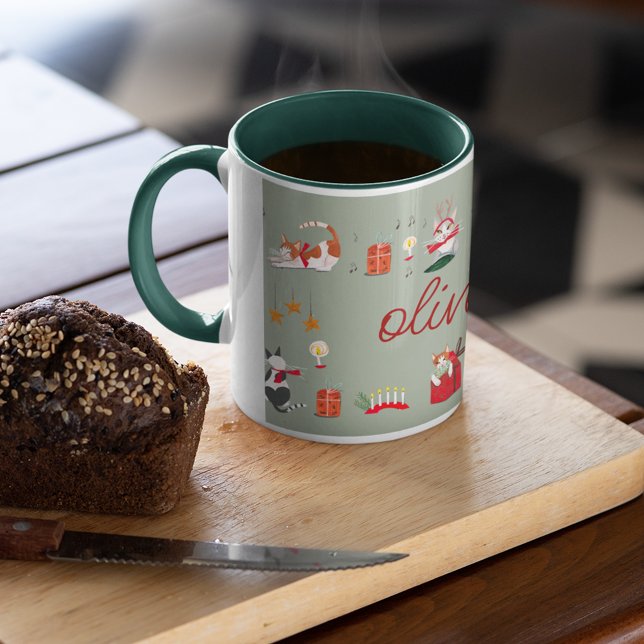 Tasse avec motif de Noël vert chat mignon rétro (Cat Lover Christmas Mug with Custom Name)