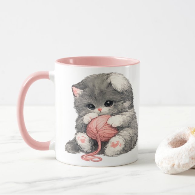 Tasse avec un mignon chaton et du fil rose (Avec donut)