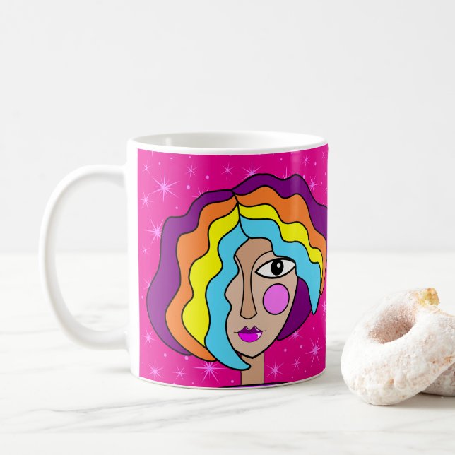 Tasse avec visage d'art abstrait stylisé (Avec donut)