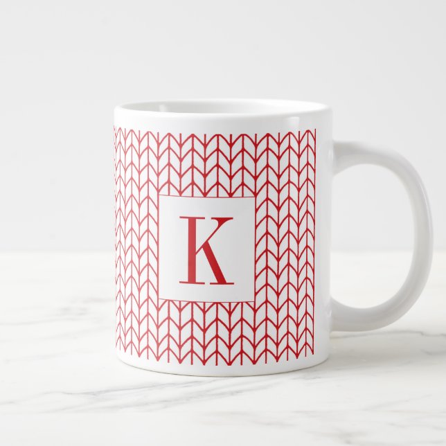 Tasse blanche grande RED LINE KNIT + Initiale (Droite)