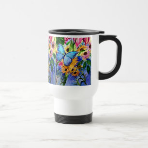 Tasse bleue de voyage de papillon