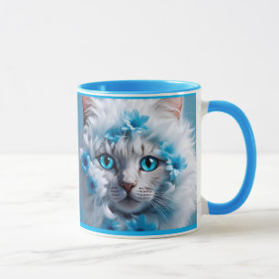 Tasse bleue régulière avec un beau chat blanc