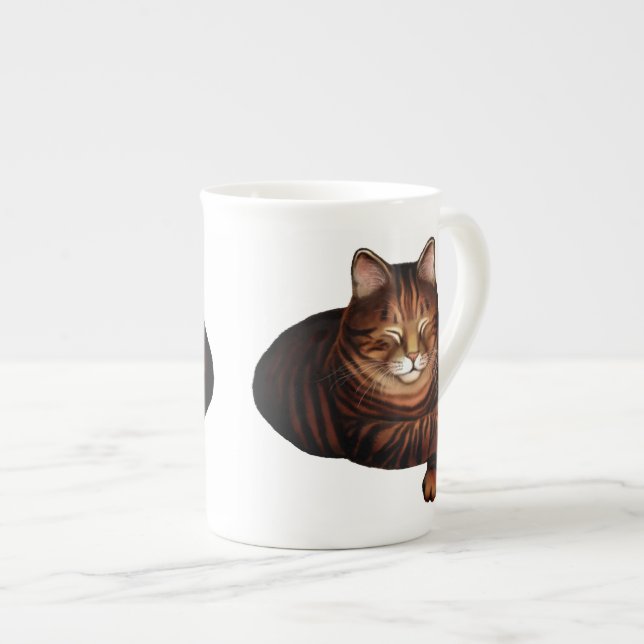 Tasse Brown de porcelaine tendre de chat tigré de (Devant droit)
