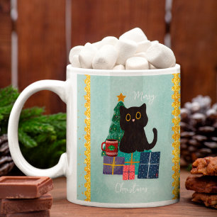 Tasse Café Chat Noir Mignon Noël Bleu Festif