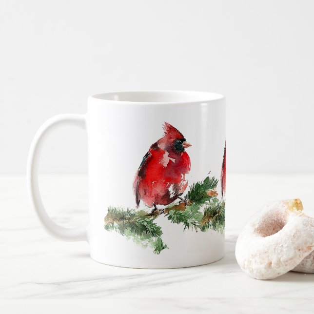 Tasse cardinale rouge d'aquarelle "de coeur (Avec donut)