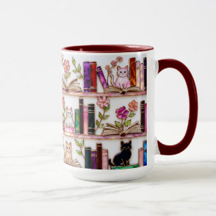 Tasse Chat Amateur de Livres Cadeau Étagère Fleuri