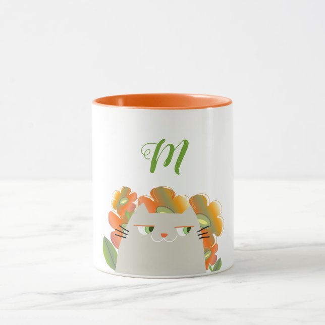 Tasse Chat Floral Monogramme Orange Vert Mignonne (Centre)