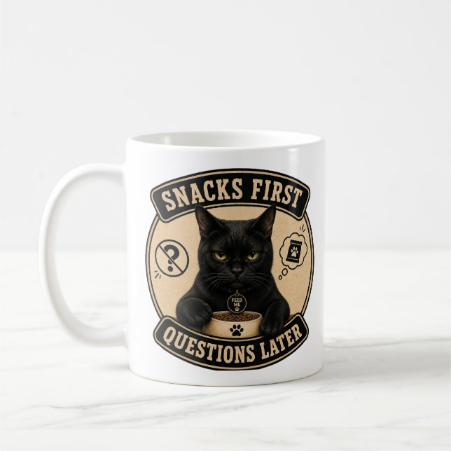 Tasse Chat Noir | Snacks d'abord, questions plus t (Gauche)