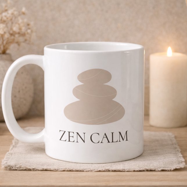 Tasse classique calme en pierre empilée, 11 oz (White ceramic design with stacked stone icon and refined Zen Calm lettering.)
