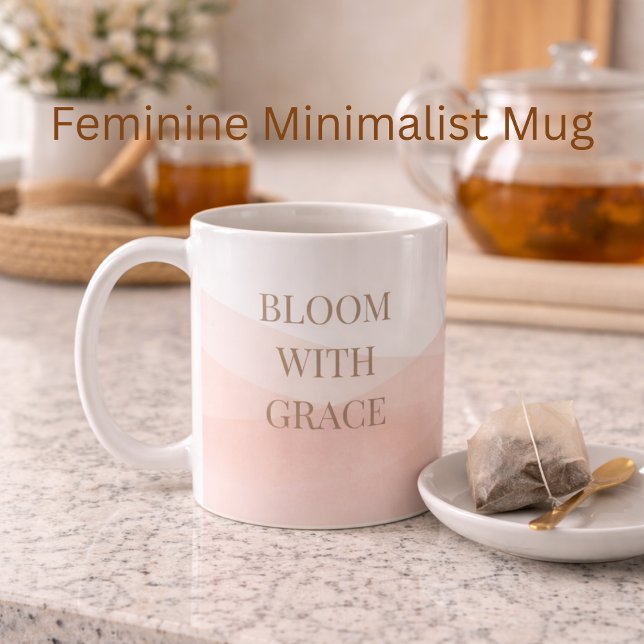 Tasse classique Fleur peinte de rose, 11 oz (A blush painted finish with taupe serif text adds quiet detail to daily coffee moments.)