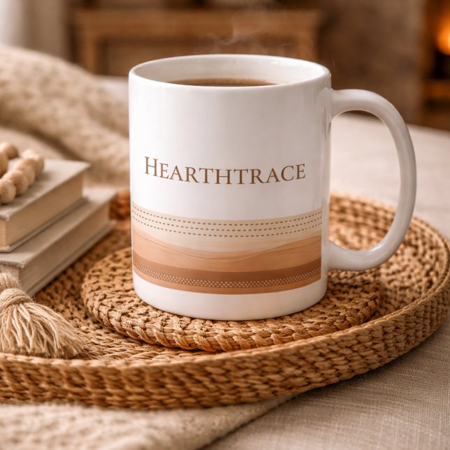 Tasse classique lignes au point de cœur, 330 ml (White mug with stitched brown dash lines, made for calm mornings and soft kitchen tones)