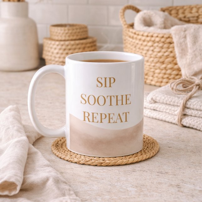 Tasse classique rituel de café côtier, 11 oz (Taupe watercolor wrap with gold Sip Soothe Repeat for refined coffee rituals.)