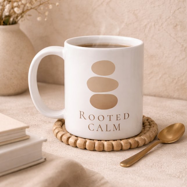 Tasse classique Rooted Calm Pebbles, 11 oz (White ceramic with pebble pattern and Rooted Calm text for balanced morning routines)