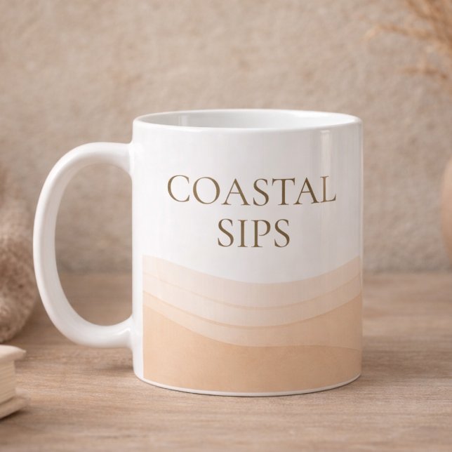 Tasse classique Sips côtière neutre, 11 oz (White and taupe coastal coffee accent with clean serif quote detail)