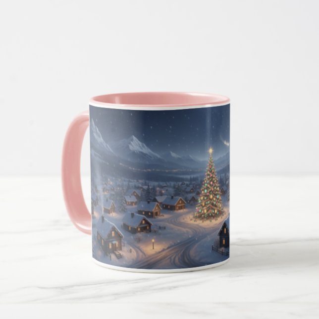 Tasse combinée à poignée rose Village de Noël enne (Devant gauche)