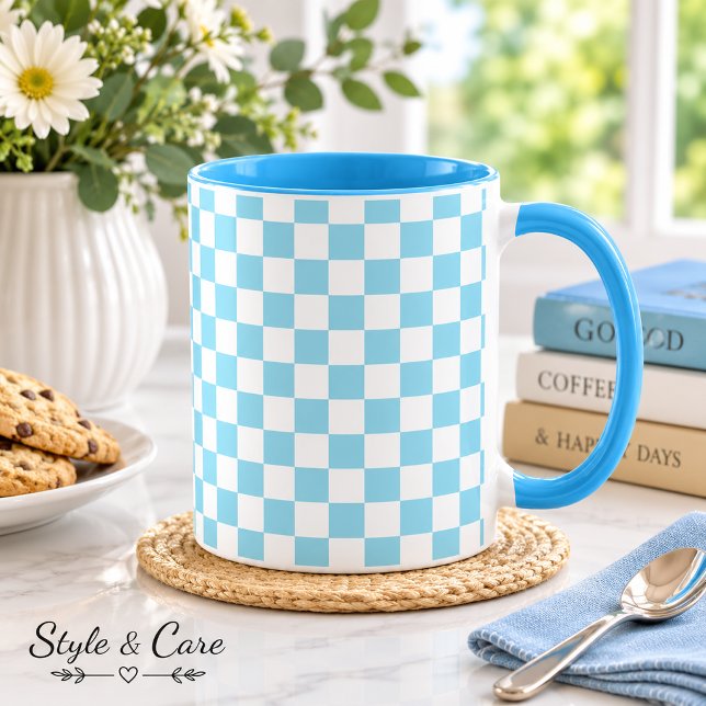 Tasse Combo Bleu Œuf de Robin avec Motif Carré Bla (Robin Egg Blue Combo Mug with White Square Pattern)