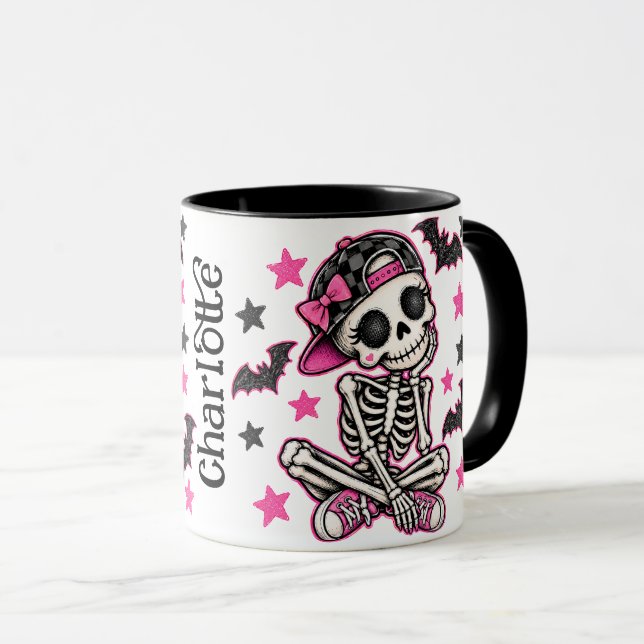 Tasse Combo de Halloween Crâne de squelette rose (Devant droit)