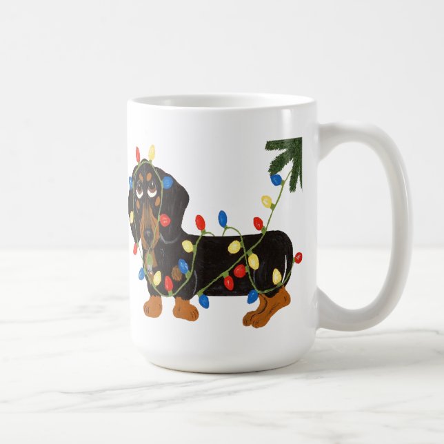 Tasse Dachshund emmêlé dans les lumières de Noël (Droite)