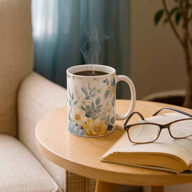 Tasse Dahlia Bleu Floral Pastel Doux (Pastel floral mug with steam, book, and glasses perfect for cozy mornings in a sunlit reading nook)