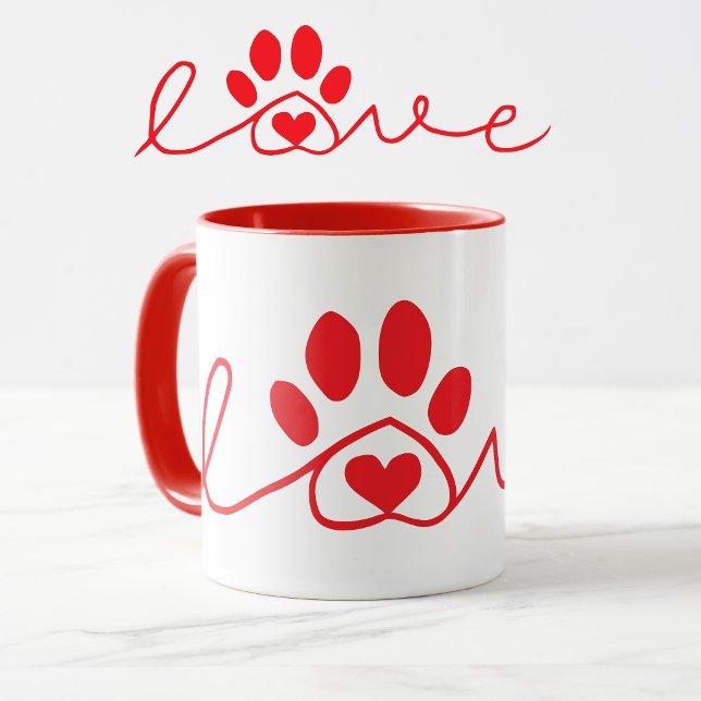Tasse d'amour pour chien rouge et blanc (Dog love with paw print mug in red and white.)