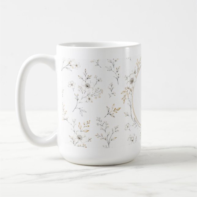 Tasse d'anniversaire à monogramme floral or Nom pe (Gauche)