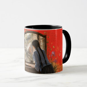 Tasse d'art de fenêtre de cour au printemps pluvie