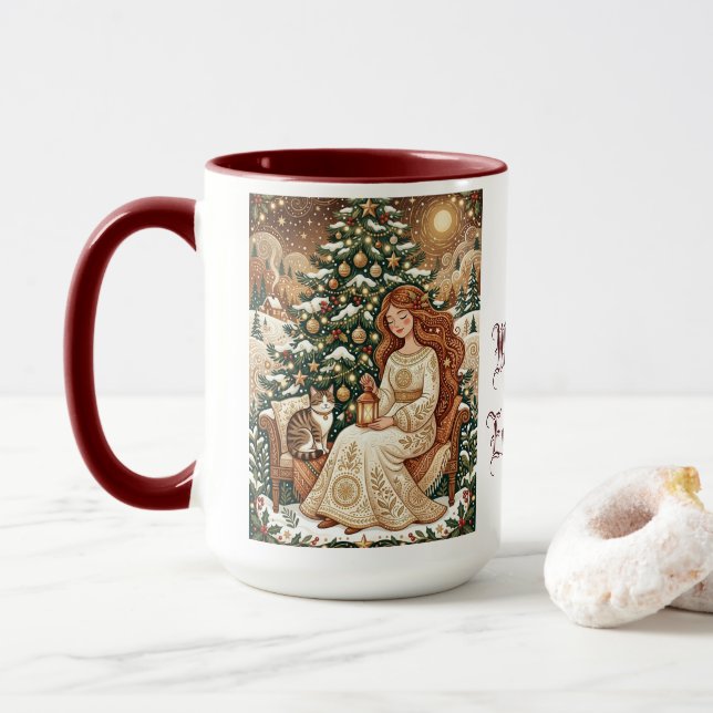 Tasse d'art de Noël féerique de chat de Noël hiver (Avec donut)