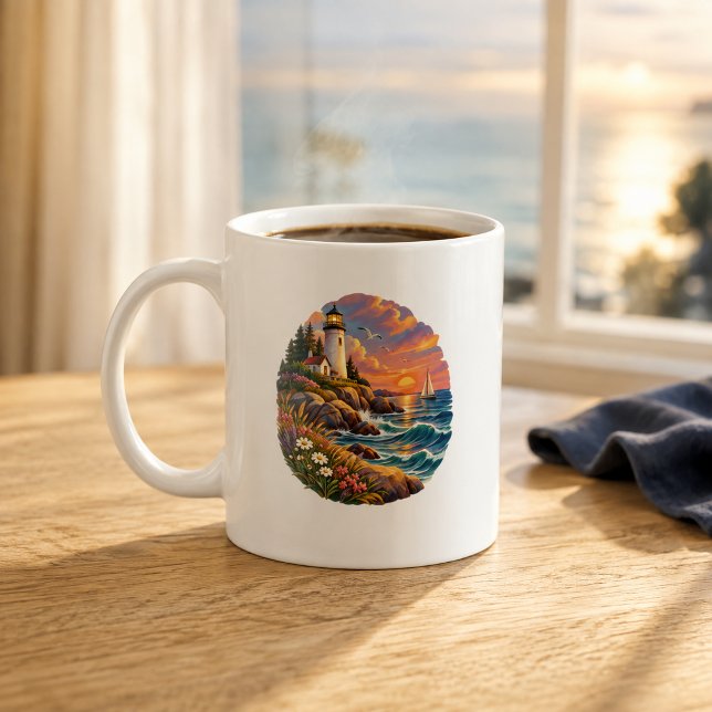 Tasse d'art de phare côtier au coucher du soleil o (Créateur téléchargé)