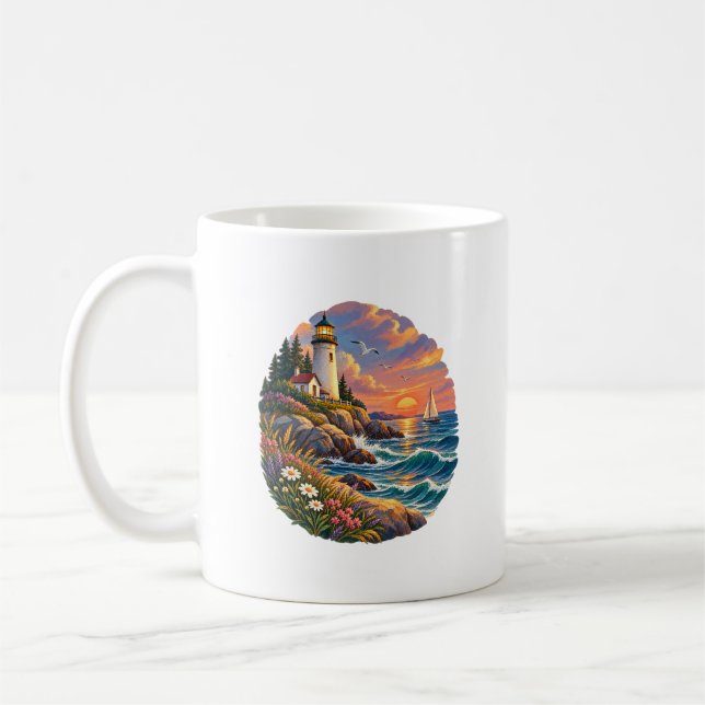 Tasse d'art de phare côtier au coucher du soleil o (Gauche)