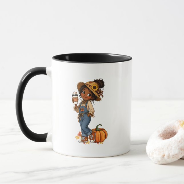 Tasse d'automne avec une fille épouvantail mignonn (Avec donut)