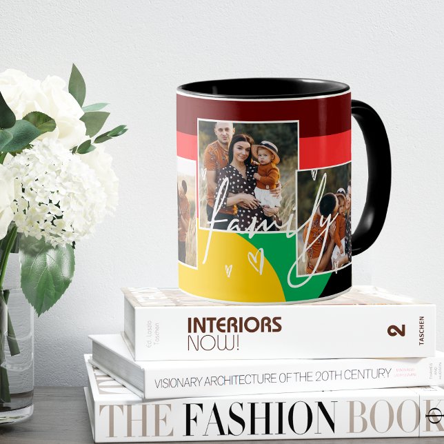 Tasse de café à collage multi-photos de famille en (Family Multi Photo Collage Heart Script Coffee Mug)