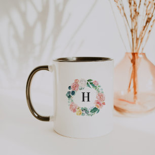 Tasse de café à monogramme en couronne florale ros